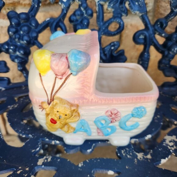 Vintage Ceramic Baby Carriage Planter With Teddy & Balloons - Picture 1 of 11